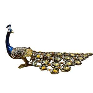 Peacock Blue Gold Enameled Metal Hinged Trinket Box Crystals Gift Boxed